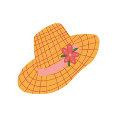Straw Hat With Ribbon and Flower, Summer Travel Sign Symbol Vector Illustration