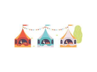 Street Vendor Booths with Food, Sweets and Desserts, Market Food Counters, Street Trading, Local Market Vector Illustration