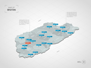 Isometric  3D Bhutan map. Stylized vector map illustration with cities, borders, capital, administrative divisions and pointer marks; gradient background with grid. 