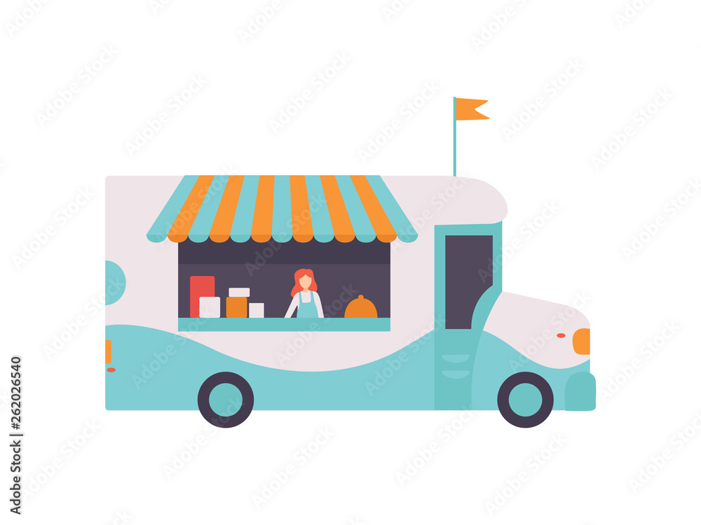 Wall mural Van Shop with Fast Food, Drinks and Seller, Street Food Transport for Street Market Vector Illustration