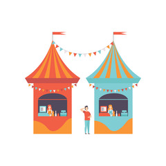 Street Vendor Booths with Fast Food, Market Food Counters, Retail Selling Kiosk, Local Market Vector Illustration