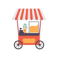 Popcorn Cart with Female Seller, Street Food Transport, Mobile Shop Vector Illustration