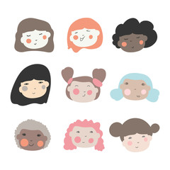 Cute doodle ilustrations of beautiful young girls with various hair style. Different ethnic nationality affiliation woman head face vector icons.