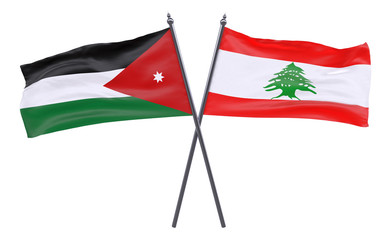 Jordan and Lebanon, two crossed flags isolated on white background. 3d image