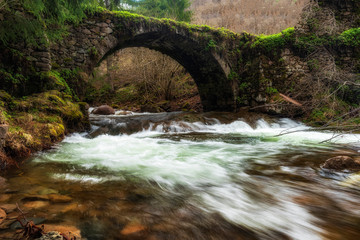 Fototapeta na wymiar Old stone bridge over mountain river