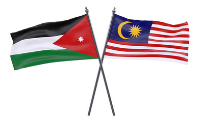 Jordan and Malaysia, two crossed flags isolated on white background. 3d image
