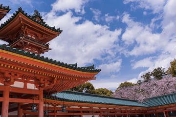 Red shrine building of Heian Shrine with blue sky and cherry blossom. Kyoto, Japan