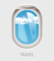 Open Aircraft window. Plane porthole isolated on transparent background. Vector illustration.
