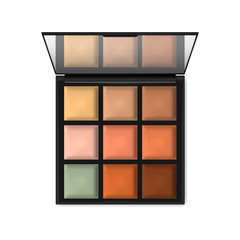Make-up palette container isolated on white background, realistic illustration. Open compact makeup cosmetic case with mirror, vector template - obrazy, fototapety, plakaty