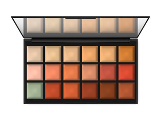 Large make-up palette container isolated on white background, realistic illustration. Open makeup cosmetic case with mirror, vector template