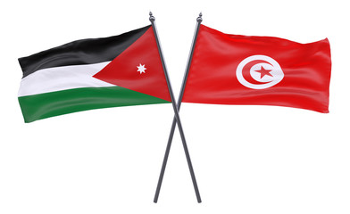 Jordan and Tunisia, two crossed flags isolated on white background. 3d image