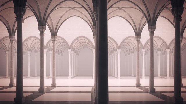 Gothic palace with an inner courtyard. luma matte for foreground. Loopable animation. Architectural background. 4K video.