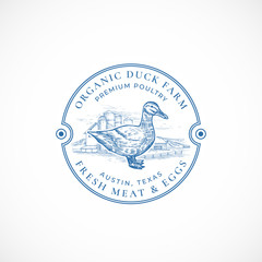 Organic Duck Farm Framed Retro Badge or Logo Template. Hand Drawn Duck and Farm Landscape Sketch with Retro Typography. Vintage Sketch Emblem.