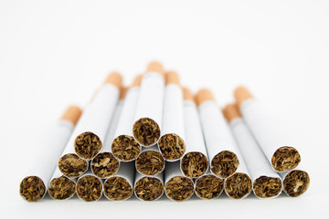 Cigars on white background. Filtered cigarettes. Tobacco.