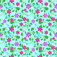 Seamless summer pattern, interlacing thin branches with leaves, fancy flowers and bubbles on background. Swatch included in EPS file.