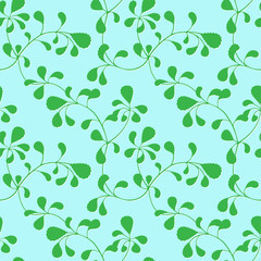 Seamless pattern, interlacing thin branches with leaves on green background. Swatch included in EPS file.