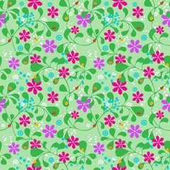 Seamless summer pattern, interlacing thin branches with leaves, fancy flowers, ladybugs and bubbles on background. Swatch included in EPS file.