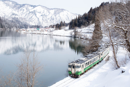 Winter village with train in japan