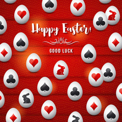 Easter greetings card with red and black gambling symbols over white eggs, vector illustration.Suitable for invitations, greeting cards, flyers, banners.