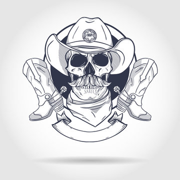 Sketch, skull with cowboy hat, sheriffs badge, neck scarf, cowboy boots and mustaches