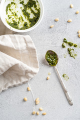 Traditional italian pesto sauce with pine nuts. Top view