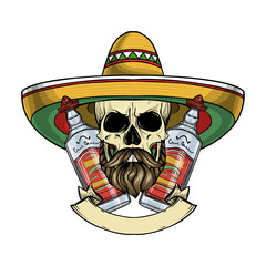 Hand drawn sketch, color skull with sombrero, beard and mustaches and tequila bottle - 262032548