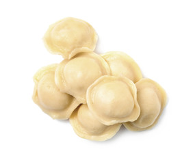 Boiled dumplings on white background, top view