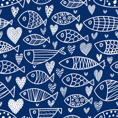 Lovers of fish. Cute vector line seamless pattern. Endless pattern can be used for ceramic tile, wallpaper, linoleum, textile, web page background.