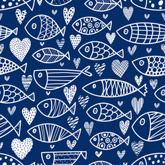 Lovers of fish. Cute vector line seamless pattern. Endless pattern can be used for ceramic tile, wallpaper, linoleum, textile, web page background.