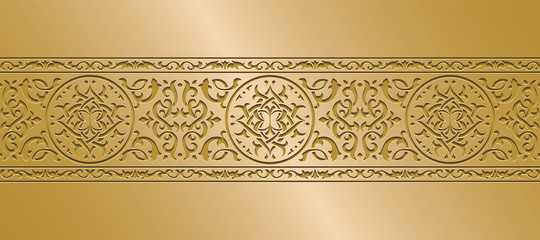 Ornamental golden patterned relief in arabic architectural style of islamic mosque,greeting card for Ramadan Kareem