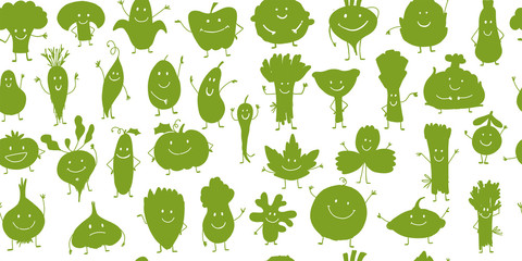 Funny smiling vegetables and greens, characters for your design. Seamless pattern