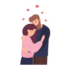 Cute couple in love. Adorable young man and woman hugging or cuddling. Romantic date with person found through dating website or mobile app. Romance and affection. Flat cartoon vector illustration.