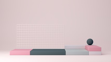 Colorful shapes on a coral abstract background. Minimal boxes and pink, green podium.Scene with geometrical forms. Empty showcase for cosmetic product presentation. Fashion magazine. 3d render. 