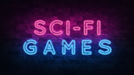 sci-fi games concept. Purple and Blue Neon SIGNBOARD on a dark brick wall. 3D ILLUSTRATION