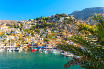 view on colorful architecture of Symi island in Greece