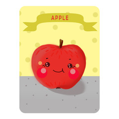 Kavai apple. Playing card. Welcome card. Illustration. Apple on a yellow background with circles with the name on the table.Funny edible character.Cute apple.