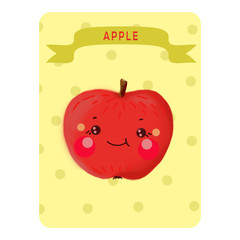 Kavai apple. Playing card. Welcome card. Illustration. Apple on a yellow background with circles with the name . Funny edible character.
