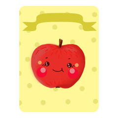 Cute apple. Apple on a yellow background with circles with a ribbon without a name, a apple without a table. Funny edible character. Kavai apple.