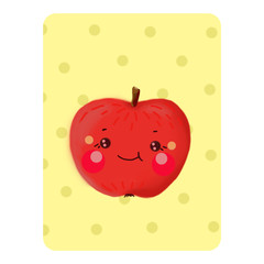 Kavai apple. Apple on a yellow background with circles with. Funny edible character. Playing card. Welcome card. Illustration.