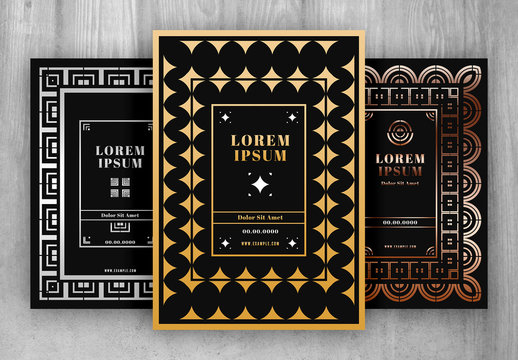 Art Deco Themed Event Poster Layout Set with Metallic Geometric Patterns