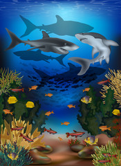 Fototapeta na wymiar Underwater banner with tropical fish and sharks, vector illustration