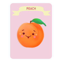 Funny edible character. Kavai peach on a pink background with a title.Playing card. Welcome card. Illustration.