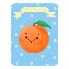Cute peach. Peach on a blue background with circles with a ribbon without a name, a peach without a table. Funny edible character. Kavai peach.
