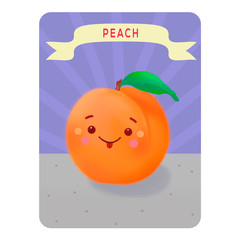  Illustration. Playing card. Funny edible character. Peach on purple background with stripes with the name on the table. Kavai peach.