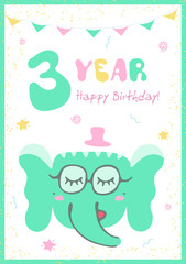 Kids doodles postcard with elephant. Happy Birthday card. Congratulation on 3 year