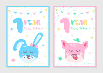 Set of kiids doodles postcard with rabbit and pig. Happy Birthday cards. Ñongratulation on 1 year