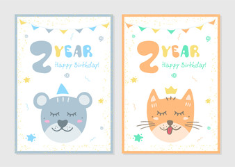 Set of kids doodles postcard with bear and cat. Happy Birthday cards. Ñongratulation on 2 year