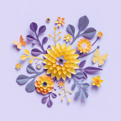 3d render, violet yellow craft paper flowers, botanical background, floral arrangement, festive...