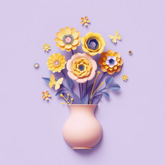 3d render, craft paper flowers inside vase, yellow floral bouquet, botanical arrangement, bright...