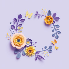3d render, botanical background, round floral wreath, violet yellow craft paper flowers, festive arrangement, blank space, bright candy colors, isolated clip art, decorative embellishment